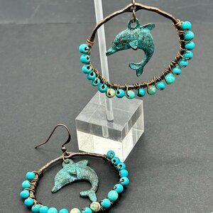 Dolphin Handmade Bronze Hoop Earrings with Wire Wrapped Howlite Beads
